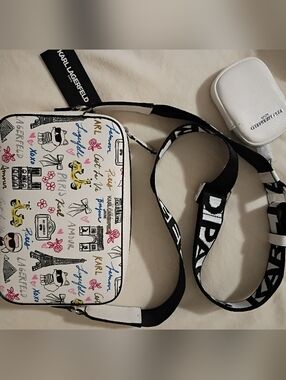 Karl Lagerfeld White Crossbody Bag with Multicolor Paris Prints